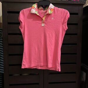 Pink Polo Shirt with Floral Collar